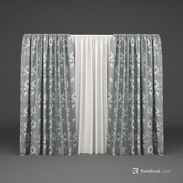 Gray Floral Pattern Curtains With White Sheer Layer For Home Window Decor 3d model 