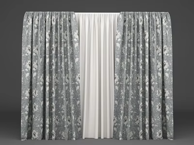 Gray Floral Pattern Curtains With White Sheer Layer For Home Window Decor 3d model