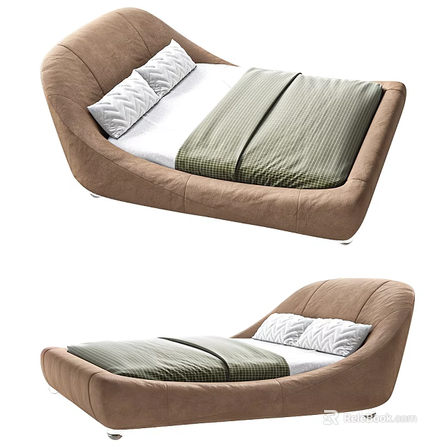 Modern Curved Double Bed Featuring Brown Frame Soft Fabric And Green White Bedding 3d model