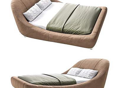 Modern Curved Double Bed Featuring Brown Frame Soft Fabric And Green White Bedding 3d model