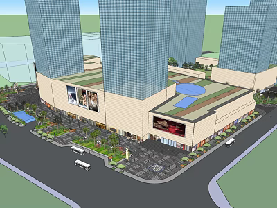 Modern Commercial Complex With Tall Buildings Shopping Mall And Landscaped Parking Area 3d model