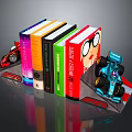 Vibrant Colorful Books Display With Red And Blue Race Car Models And Toy Bookends