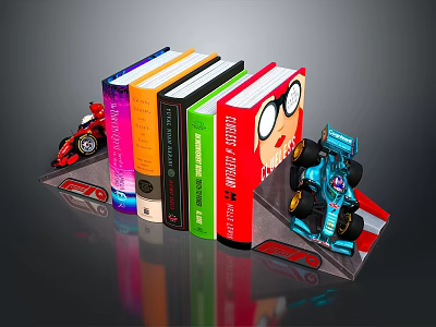 Vibrant Colorful Books Display With Red And Blue Race Car Models And Toy Bookends 3d model