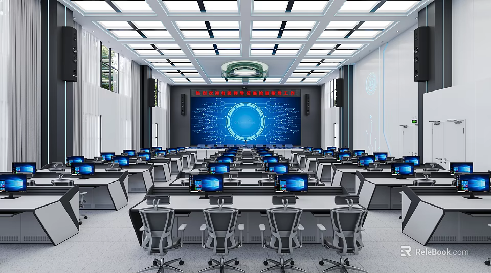 Modern Monitoring Room Interior With Computers Workstations And Large Screen 3d model 