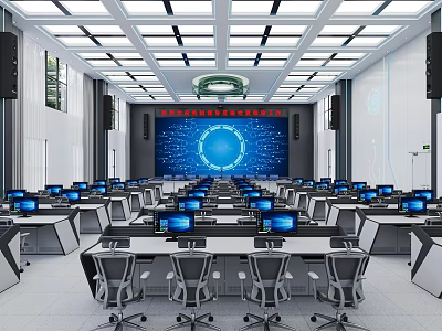 Modern Monitoring Room Interior With Computers Workstations And Large Screen 3d model
