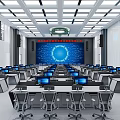 Modern Monitoring Room Interior With Computers Workstations And Large Screen
