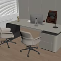 Modern Office Desk Setup With Computer Monitor Ergonomic Chairs Window Blinds Storage Cabinets