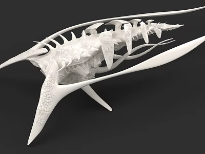 White 3D Printed Warship Model With Complex Structure Sharp Design And Protruding Parts 3d model