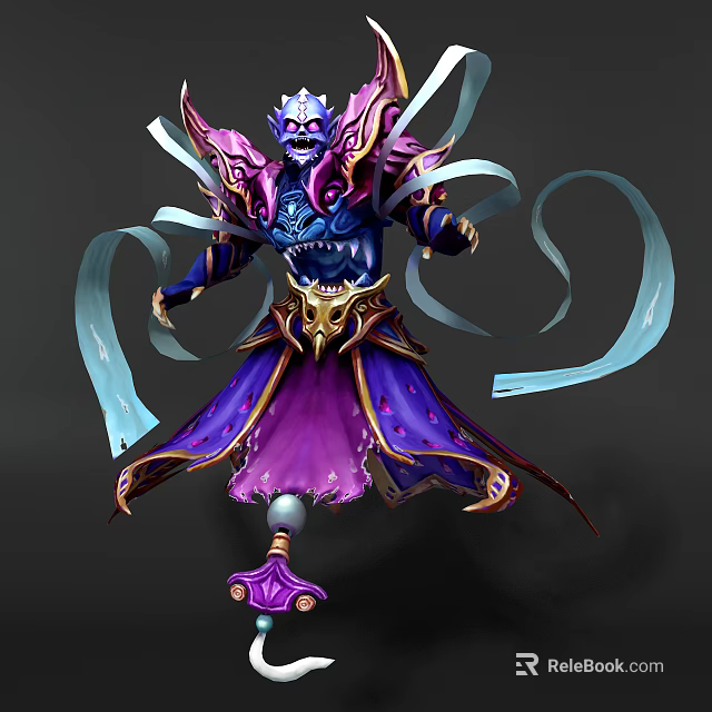 Detailed Fantasy Game Movie Character With Purple Blue Robe Golden Decorations And Light Blue Ribbons 3d model 