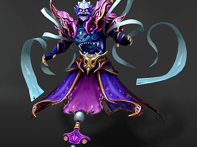 Detailed Fantasy Game Movie Character With Purple Blue Robe Golden Decorations And Light Blue Ribbons 3d model