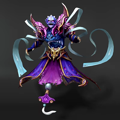 Detailed Fantasy Game Movie Character With Purple Blue Robe Golden Decorations And Light Blue Ribbons 3d model