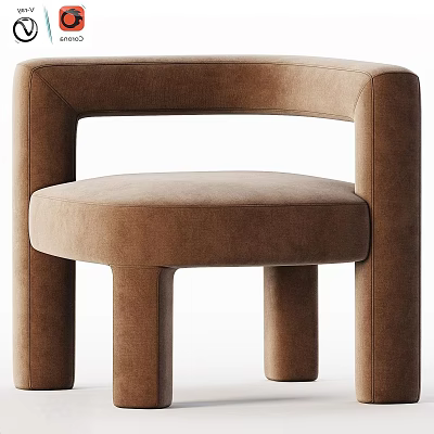 Modern Brown Velvet Armchair With Curved Armrest And Cylindrical Legs Design 3d model