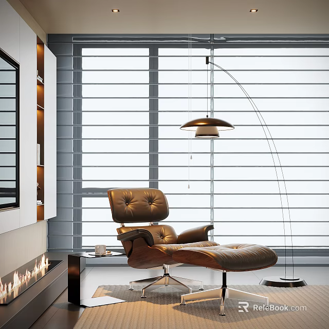 Luxury Leather Recliner with Ottoman in Modern Interior with Floor Lamp Window and Fireplace 3d model 