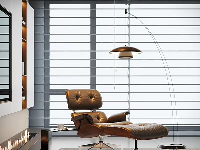 Luxury Leather Recliner with Ottoman in Modern Interior with Floor Lamp Window and Fireplace 3d model
