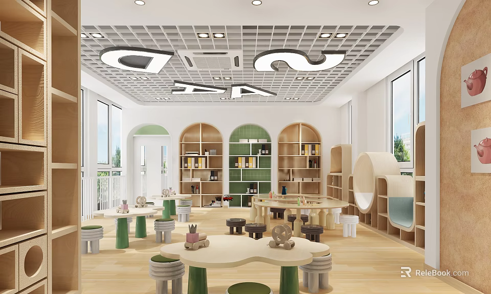 Bright Children Book Art Interior With Wooden Bookshelves And Colorful Tables And Chairs 3d model 