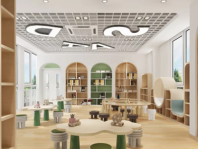 Bright Children Book Art Interior With Wooden Bookshelves And Colorful Tables And Chairs 3d model