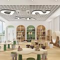 Bright Children Book Art Interior With Wooden Bookshelves And Colorful Tables And Chairs