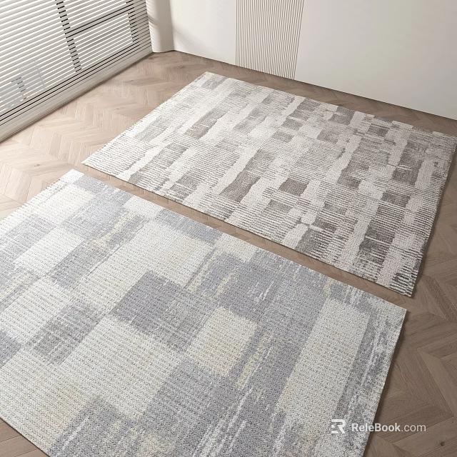 Modern Gray And White Square Rugs With Geometric Pattern On Light Wood Floor 3d model 