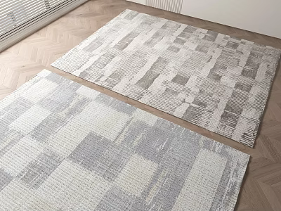 Modern Gray And White Square Rugs With Geometric Pattern On Light Wood Floor 3d model