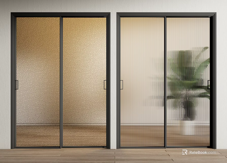 Modern Sliding Doors With Black Frames Frosted Vertical Striped Glass Interior Wooden Floor Plant 3d model 