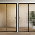 Modern Sliding Doors With Black Frames Frosted Vertical Striped Glass Interior Wooden Floor Plant