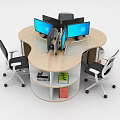 Round Office Desk Setup With Multiple Computer Monitors Office Chairs And Storage Shelves 3d model