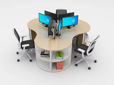 Round Office Desk Setup With Multiple Computer Monitors Office Chairs And Storage Shelves 3d model