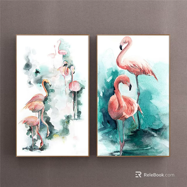 Pink Flamingo Watercolor Animal Paintings With Various Poses And Green Blue Background 3d model 