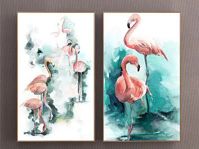 Pink Flamingo Watercolor Animal Paintings With Various Poses And Green Blue Background 3d model