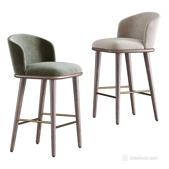 Modern Upholstered Bar Stools With Green And Beige Seats And Stylish Wooden Legs 3d model 