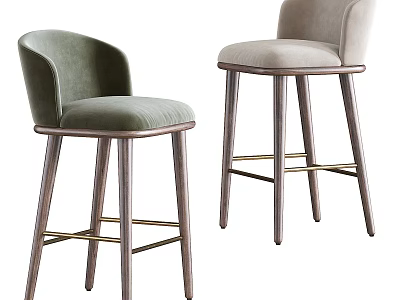 Modern Upholstered Bar Stools With Green And Beige Seats And Stylish Wooden Legs 3d model