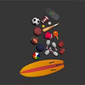 Colorful Sports Equipment Collection With Surfboard Soccer Ball Volleyball Skateboard And Dumbbells