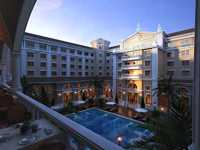 Elegant Mediterranean Style Office Building with Courtyard Swimming Pool Palm Trees and Evening Lights 3d model