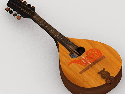 Wooden Mandolin Instrument Handcrafted With Painted Floral Pattern Using Art Supplies 3d model