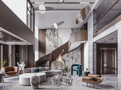 Modern Duplex Living Room Interior With Marble Wall Spiral Staircase And Hanging Lights 3d model