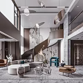 Modern Duplex Living Room Interior With Marble Wall Spiral Staircase And Hanging Lights