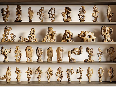 Wood Carvings Sculptures Collection Display On Shelves With Various Artistic Shapes 3d model