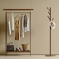Modern Metal Clothes Rack With Clothes Hat Bag Shoes And Wicker Basket On Beige Wall