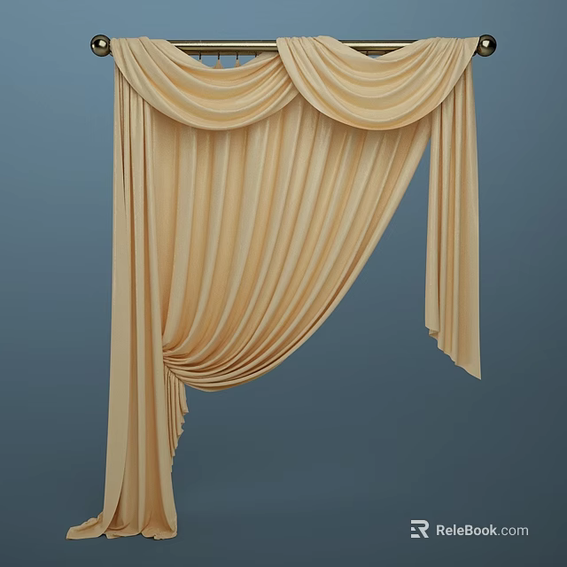 Elegant Beige Pleated Curtains With Valance And Soft Velvet Like Fabric 3d model 