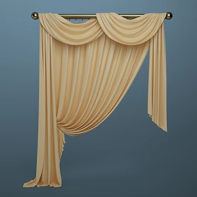 Elegant Beige Pleated Curtains With Valance And Soft Velvet Like Fabric 3d model