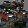 Billiard Room Interior With Orange Gray Sofas Blue Patterned Carpet And Tables 3d model