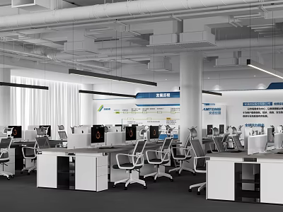 Modern Public Office Space With Open Layout Desks Computers White Pillars And Hanging Lights 3d model