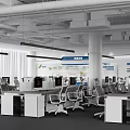 Modern Public Office Space With Open Layout Desks Computers White Pillars And Hanging Lights 3d model