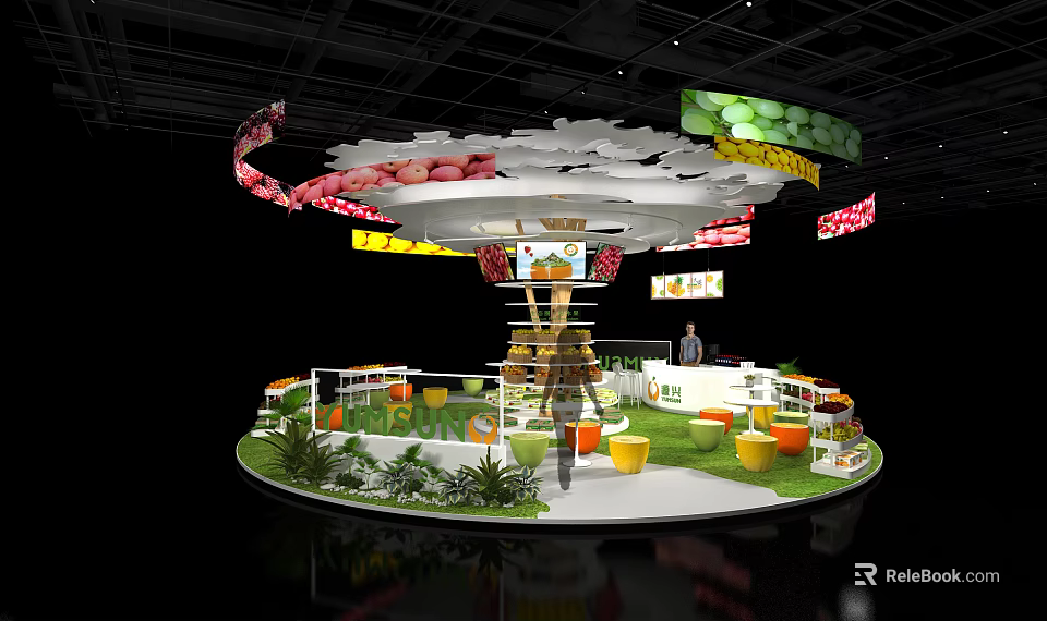 Fruit Themed Circular Exhibition Booth With Green Plants Yellow Seats And Ceiling Decorations 3d model 