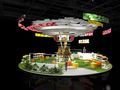 Fruit Themed Circular Exhibition Booth With Green Plants Yellow Seats And Ceiling Decorations 3d model