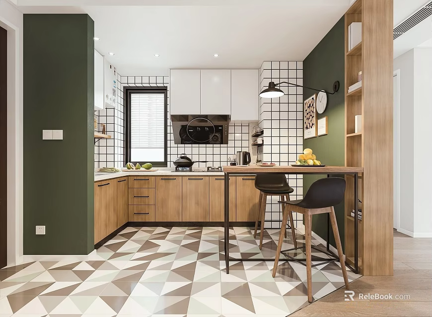 Modern Kitchen With Green Walls White Cabinets Wooden Countertops Geometric Floor Tiles And Black Chairs 3d model 