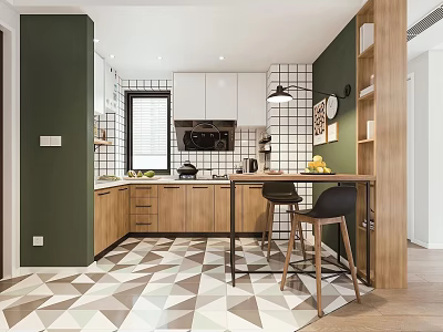 Modern Kitchen With Green Walls White Cabinets Wooden Countertops Geometric Floor Tiles And Black Chairs 3d model