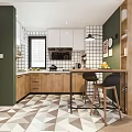 Modern Kitchen With Green Walls White Cabinets Wooden Countertops Geometric Floor Tiles And Black Chairs