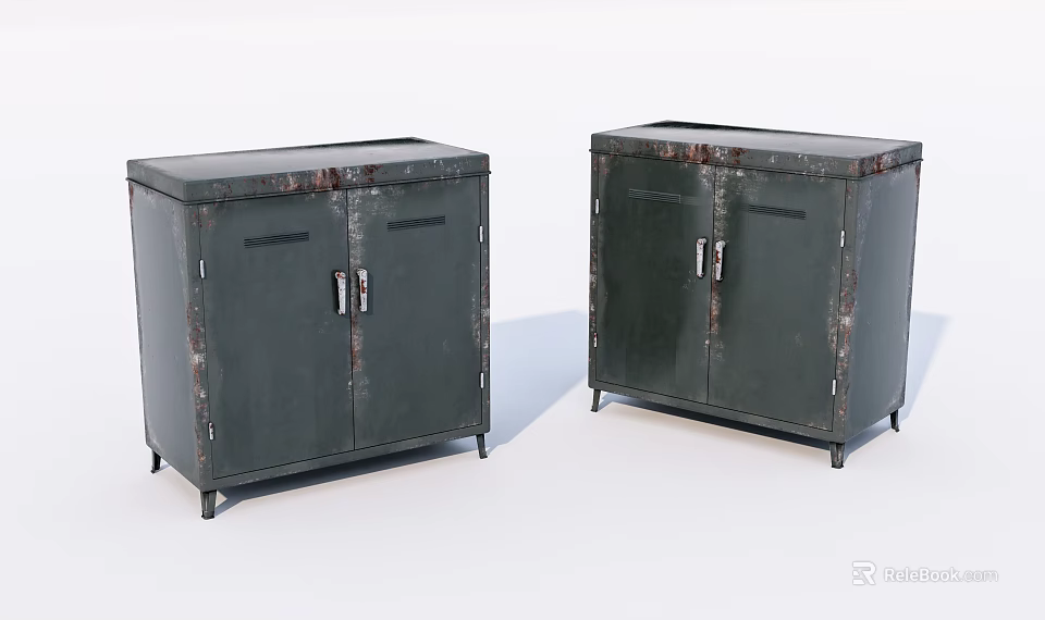 Rusted Green Metal Storage Cabinets With Double Doors And Metal Handles 3d model 