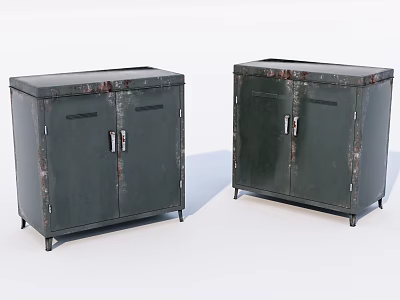 Rusted Green Metal Storage Cabinets With Double Doors And Metal Handles 3d model